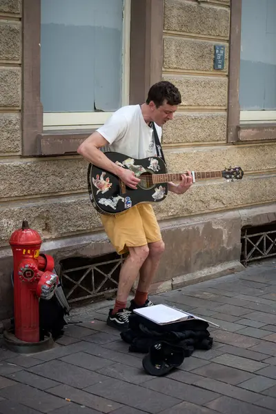 マルハウス フランス 2024年4月10日 通りでギターを弾くストリートミュージシャンの肖像画 ストック画像