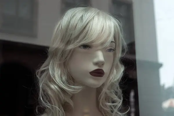 Porträt Einer Blonden Schaufensterpuppe Showroom Eines Modegeschäfts lizenzfreie Stockfotos