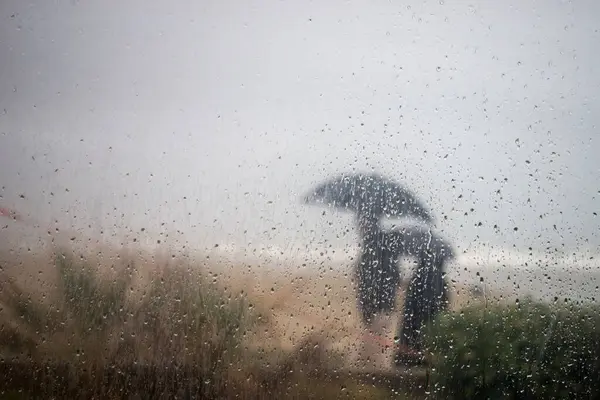 Porträt Von Menschen Die Mit Einem Regenschirm Hinter Einem Fenster Stockbild