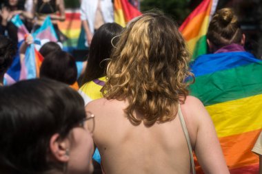 Mulhouse - Fransa - 1 Haziran 2024 - Gökkuşağı bayraklarıyla sokakta yürüyen insanların arka planda portresi