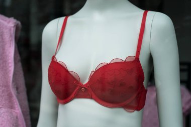 Kırmızı Sevgililer Günü sutyeninin bir moda mağazasındaki vitrin mankeni üzerine yakın çekimi.
