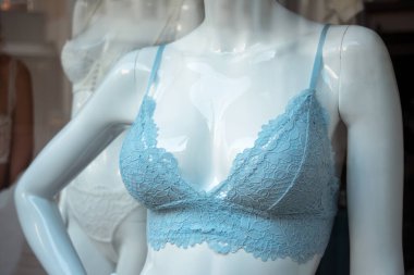 Moda mağazasının vitrininde mavi sutyenin yakın çekimi.