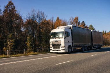 Kamyon sonbaharda ormandan geçiyor. Araba nakli. T