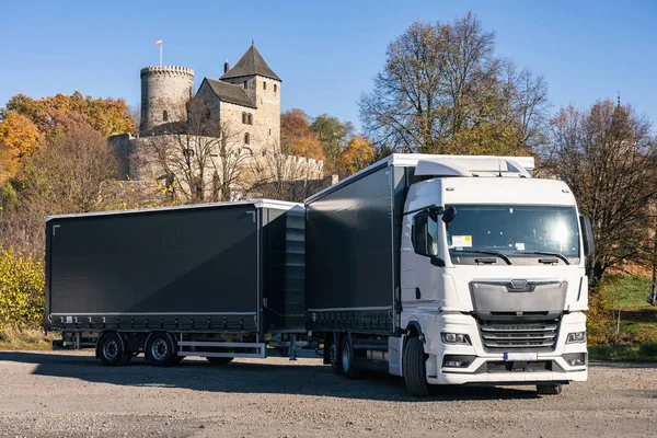 stock image Truck on the background of the castle. Truck with semi-trailer in gray color.  Truck photo for calendar. Car transport . 