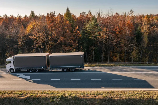 Truck is driving through the forest in autumn. Truck with semi-trailer in gray color. Car transport .