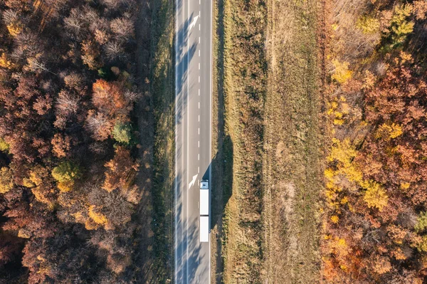 Lastwagen Fahren Herbst Durch Den Wald Autoverkehr — Stockfoto