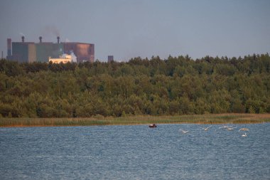 Endüstriyel çelik fabrikası, demir işi. Metalürjik bitki. Çelik fabrikası. Avrupa 'da ağır sanayi. Bacalardan gelen hava kirliliği. Mavi Göl 'ün arka planında demir işçiliği. Doğa ve endüstri.