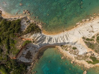 Jason 'ın Yunanistan' daki Zakinthos adasındaki ısırığının hava aracı görüntüsü. Gerakas Sahili. Zakynthos, Yunanistan 'daki Cape Gerakas' ta. Zante, Zakynthos 'taki Vasilikos Gerakas plajı.