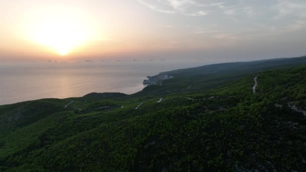 サンセットパインツリーの空中ドローンビュー ギリシャの島のオリーブグリーブと海の景色 アガラスビューから地中海の夕日 ギリシャのザキントスの緑地と森 — ストック動画
