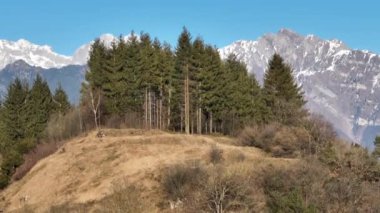 Dolomitler, İtalya 'da hava aracı uçuyor. Ağaçların üzerinden uç. İtalyan dolomitlerinde kış manzarası dağları. Kışın Dolomitlerin panoramik manzarası.