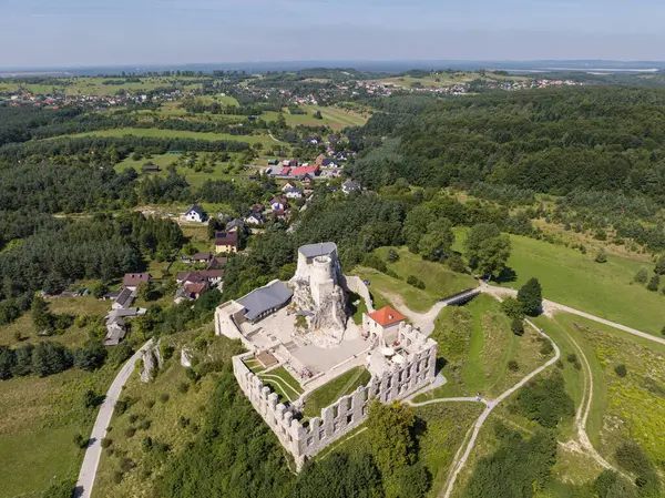 stock image Rabsztyn, Poland. Ruins of medieval royal castle on the rock in Polish Jurassic Highland. Rabsztyn Aerial view in summer. . Ruins of medieval royal Rabsztyn Castle in Poland. Aerial view in surise light in summer. 