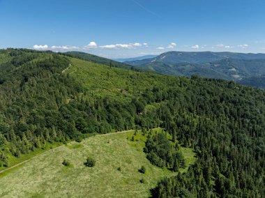 Beskid dağlarındaki insansız hava aracı görüntüsü, Blatnia. Blatnia 'da yaz yeşili orman. Jaworze 'daki Beskid Dağları. İnsansız hava aracı yazın yeşil dağların üzerinde uçar. Polonya yeşil dağları ve tepeleri hava aracı fotoğrafı
