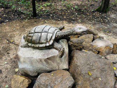 Kaplumbağa dinozor. Kazimierz Sosnowiec 'teki Kaplumbağa Dinozor Orman Parkı' nın gerçekçi figürü. Tarih öncesi yırtıcı, dinazor aşıklarını cezbeden büyüleyici bir doğa unsuru yarattı..