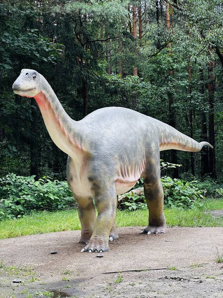 Realistic figure of the Vulcanodon dinosaur in the forest in Kazimierz, Sosnowiec. The park setting highlights the dinosaur in its natural environment. Vulcanodon dinosaur.