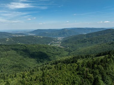 Beskids, Bielsko Biala, Magurka Wilkowicka 'daki yeşil ormanların çarpıcı hava aracı görüntüsü. Magurka Wilkowicka 'da bir barınak. Tepelerin manzarası yemyeşil yeşilliğin güzelliğini ve huzurunu yansıtır.. 