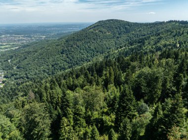 Beskid Yaz Dağları Panoraması. Beskids, Bielsko Biala, Magurka Wilkowicka 'daki yeşil ormanların çarpıcı hava aracı görüntüsü. Magurka Wilkowicka 'daki Barınak.