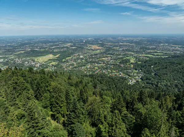 Beskid Yaz Dağları Panoraması. Beskids, Bielsko Biala, Magurka Wilkowicka 'daki yeşil ormanların çarpıcı hava aracı görüntüsü. Magurka Wilkowicka 'daki Barınak.