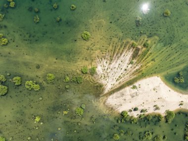 Orman bir göle battı. Polonya 'nın Klucze şehrinde kristal berrak su birikintisi. Sel basmış kum çukurunun hava aracı görüntüsü. Sel basmış bir kum çukurundan sonra yapay bir göl.. 