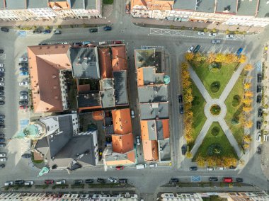 The market square and a small town in a village in Poland.Ziebice is an urban-rural commune in the Lower Silesian Voivodeship, in the Zabkowice district. Aerial drone view of the village of Ziebice clipart