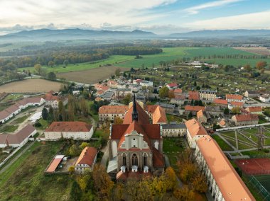 Roman Catholic parish church in Kamieniec Zabkowicki. Aerial drone shot of the church of the Parish of the Assumption of the Blessed Virgin Mary and St. James the Elder in Kamieniec Zabkowicki.  clipart