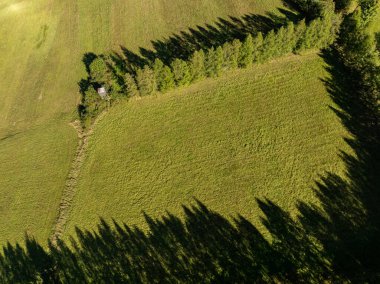 Beskid dağ sıraları. Beskid Maly Poland.Beskid Maly 'deki Rzyki köyünün insansız hava aracı görüntüsü. Potrojna tepesi ve kertenkele gronu. Polonya' nın Rzyki kentindeki Czarny gron kayak merkezi..