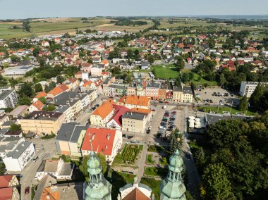 Otmuchow town in summer. Otmuchow panorama from drone aerial fly.Aerial drone view of castle and Church in Otmochow a town in Nysa County, Opole Voivodeship, Poland. 	 clipart