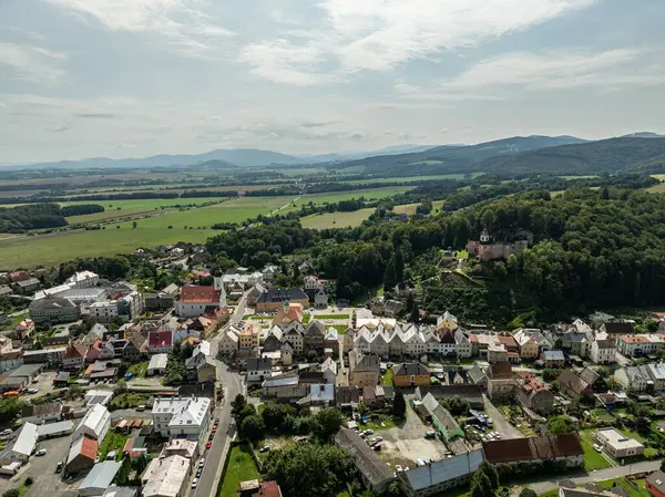 Stock image Jansky Vrch State Chateau on a rocky hill above the town of Javornik, located in the Czech Republic in Moravia. Javornik in summer drone fly.Aerial drone view of Castle Jansky Vrch in Javornik.