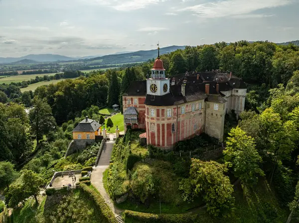 stock image Jansky Vrch State Chateau on a rocky hill above the town of Javornik, located in the Czech Republic in Moravia. Javornik in summer drone fly.Aerial drone view of Castle Jansky Vrch in Javornik.