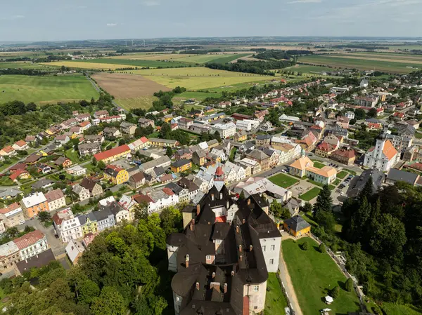 stock image Jansky Vrch State Chateau on a rocky hill above the town of Javornik, located in the Czech Republic in Moravia. Javornik in summer drone fly.Aerial drone view of Castle Jansky Vrch in Javornik.