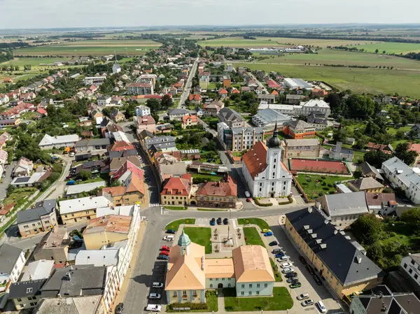 stock image Jansky Vrch State Chateau on a rocky hill above the town of Javornik, located in the Czech Republic in Moravia. Javornik in summer drone fly.Aerial drone view of Castle Jansky Vrch in Javornik.