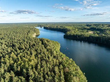 Yeşil ormanlarla çevrili bir gölde kayak yapan insanların insansız hava aracı görüntüsü. Masurian Gölü Bölgesi 'nde kırmızı kanolarla geziyorlar. Kulka Reserve 'deki Lesk Gölü, Poland.Kulka Reserve, Masuria, Polonya.