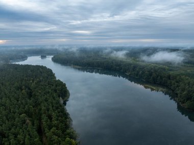 Yeşil ormanla çevrili bir gölün hava aracı görüntüsü. Siste ve bulutlarda büyük bir göl. Kulka Reserve, Masuria, Polonya. Masurian Gölü bölgesinde bir göl. Polonya 'daki Kulka Reserve' de Lesk Gölü.