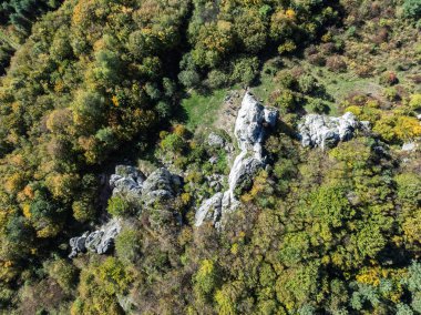 Limestone rock surrounded by autumn forest.Aerial drone view of Rzedkowice limstone Rocks.Group of rocks in Rzedkowice town. Jurassic limstone rocks in Poland. Jura Krakowsko - Czestochowska, Poland. clipart