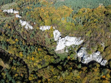 Limestone rock surrounded by autumn forest.Aerial drone view of Rzedkowice limstone Rocks.Group of rocks in Rzedkowice town. Jurassic limstone rocks in Poland. Jura Krakowsko - Czestochowska, Poland. clipart