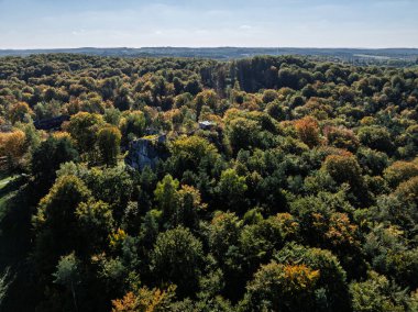 Morsko Kalesi 'nin kalıntıları. Bakowiec Şövalyelerinin Kalesi' nin insansız hava aracı görüntüsü. Kartal Yuvaları Yolu. Polonya 'nın Morsko kentindeki Bakowiec Kalesi' nin sonbahar manzarası. Kale, arka planda sonbahar ormanlarında harabe.