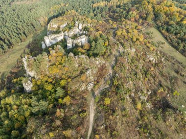 Sonbaharda Bobolice Kalesi 'nin insansız hava aracı görüntüsü. Kireçtaşı Kalesi harabeleri. Eski ortaçağ kalesi, Bobolice, Poland.Stronghold Kartalları Polonya' daki Jurassic Highland Nests köyündeki kraliyet kalesi.