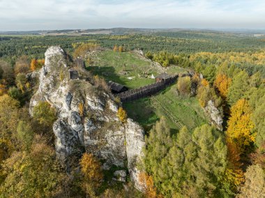 Aerial drone view of stronghold on Birow Hill. Limestone rock hill in autumn. Reconstructed stronghold on Birow Hill in the Czestochowa Upland in the village of Podzamcze,Ogrodzieniec, Poland.  clipart