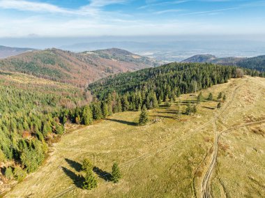 Sonbaharda Beskid dağlarının hava aracı görüntüsü. Dağlardaki renkli sonbahar ağaçları ve ormanlar. Glinne, Radziechowska, Barania in the Polish Beskids. Silezya Beskid 'inde güzel güneşli bir sonbahar.