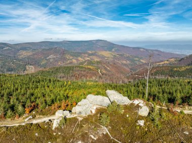 Aerial drone view of beskid mountains in autumn.Colorful autumn trees and forest in the mountains. Glinne, Radziechowska, Barania in the Polish Beskids. Beautiful sunny autumn in the Silesian Beskid. clipart