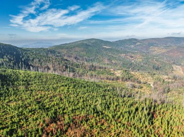 Sonbaharda Beskid dağlarının hava aracı görüntüsü. Dağlardaki renkli sonbahar ağaçları ve ormanlar. Glinne, Radziechowska, Barania in the Polish Beskids. Silezya Beskid 'inde güzel güneşli bir sonbahar.