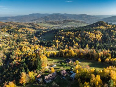 Beskid Dağları 'ndaki sonbaharın insansız hava aracı görüntüsü. Dağlarda güneşli bir sonbahar, Milowka, Polonya. Dağlardaki renkli sonbahar ağaçları ve ormanlar. 