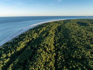 Polonya 'da Hel Plajı. Denizde ve koyda gün batımı, Poland. Hel City. Polonya, Baltık Denizi ve Puck Körfezi 'ndeki Hel Yarımadası' nın havadan görünüşü. Yukarıdan insansız hava aracı tarafından havadan çekilmiş bir fotoğraf. Poland hel yarımadasının sonu. 