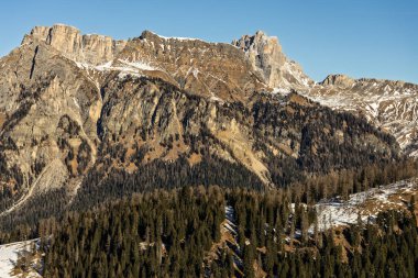 Santa Fosca Civetta resort. Panoramic view of the Dolomites mountains in winter, Italy. Ski resort in Dolomites, Alps in Italy. Aerial drone view of Santa Fosca ski slopes and mountains in dolomites. clipart