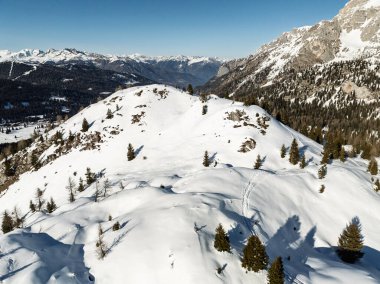 Dolomitler ve alpler içinde güneşli kışın insansız hava aracı görüntüsü. Spinale ve Madonna di Campiglio drone görüntüsü. Dolomites Brenta, Adamello Parkı, Presanella Mouth, Doss del Sabion kayak bölgesi trentino İtalya
