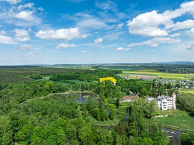 Dobra 'daki Sarayın ve Park Kompleksinin insansız hava aracı görüntüsü, Dobra köyünün Krapkowice ilçesinde Opole Voyvoda bulunan bir parkla çevrili neogotik bir saray. İlkbaharda Dobra Sarayı.