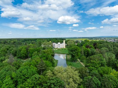 Dobra 'daki Sarayın ve Park Kompleksinin insansız hava aracı görüntüsü, Dobra köyünün Krapkowice ilçesinde Opole Voyvoda bulunan bir parkla çevrili neogotik bir saray. İlkbaharda Dobra Sarayı.