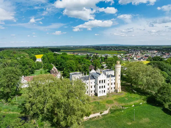 Dobra 'daki Sarayın ve Park Kompleksinin insansız hava aracı görüntüsü, Dobra köyünün Krapkowice ilçesinde Opole Voyvoda bulunan bir parkla çevrili neogotik bir saray. İlkbaharda Dobra Sarayı.