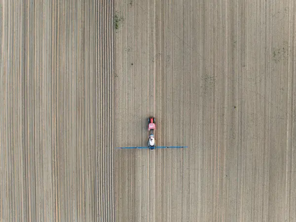 İlkbaharda traktörün ekinleri geniş tarım arazilerine püskürttüğü hava manzarası. Sarı kolza tohumu tarlaları ve yeşil ekinler püskürten bir traktörün insansız hava aracı görüntüsü. Tarım alanları manzarası.