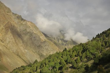 Bulutlarla kaplı kuru bir dağ. Darcha, Lahaul ve Spiti, Himachal Pradesh, Hindistan 'daki kuru dağ ve yeşil dağın karışımı. 