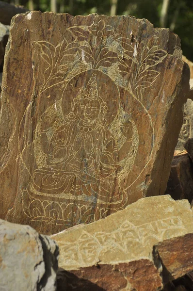 Holy Buddhist carved stones in Ladakh